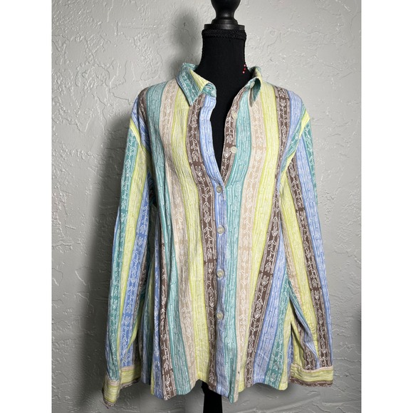 The Tog Shop Tops - The Tog Shop Cotton Button Front Shirt XL Pastel Stripe Botanical Print
